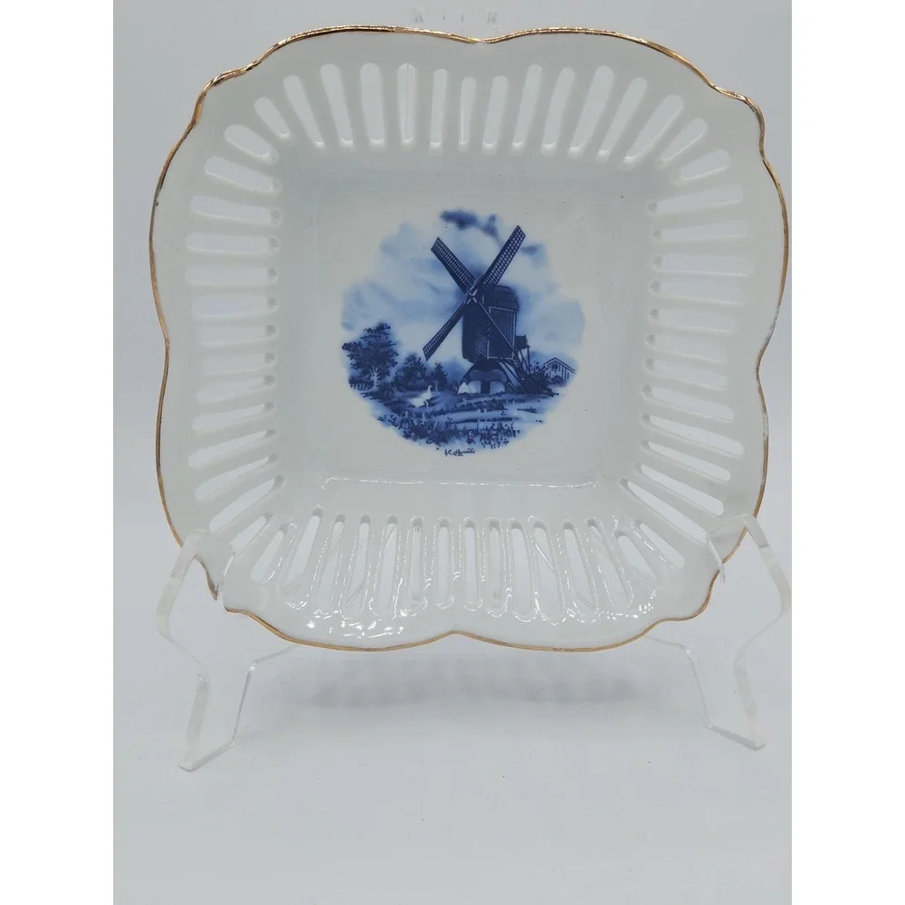 Royal Tri‎ Ever Blue Windmill Porcelain Hand Painted Decorative Basket Bowl